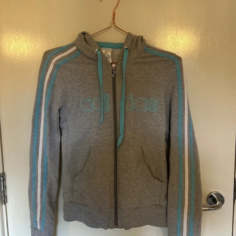 Adidas Gray Hoodie with Blue and White Stripes